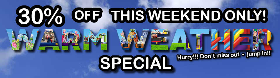 LAST MINUTE BRISBANE SPECIAL THIS WEEKEND ONLY MAY 30th - JUNE 2ND!!!!!!!  Take advantage of this warm weather and get the kids jumping!   30% off all hire fees for this weekend!!! That